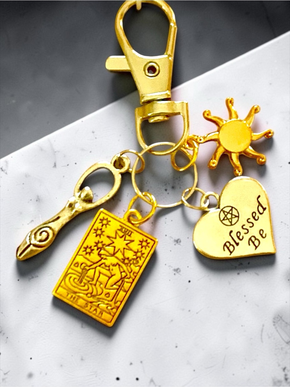 Gold Blessed Be Tarot Spiral Charm Keychain - Sun & Heart Accent Wiccan Handmade